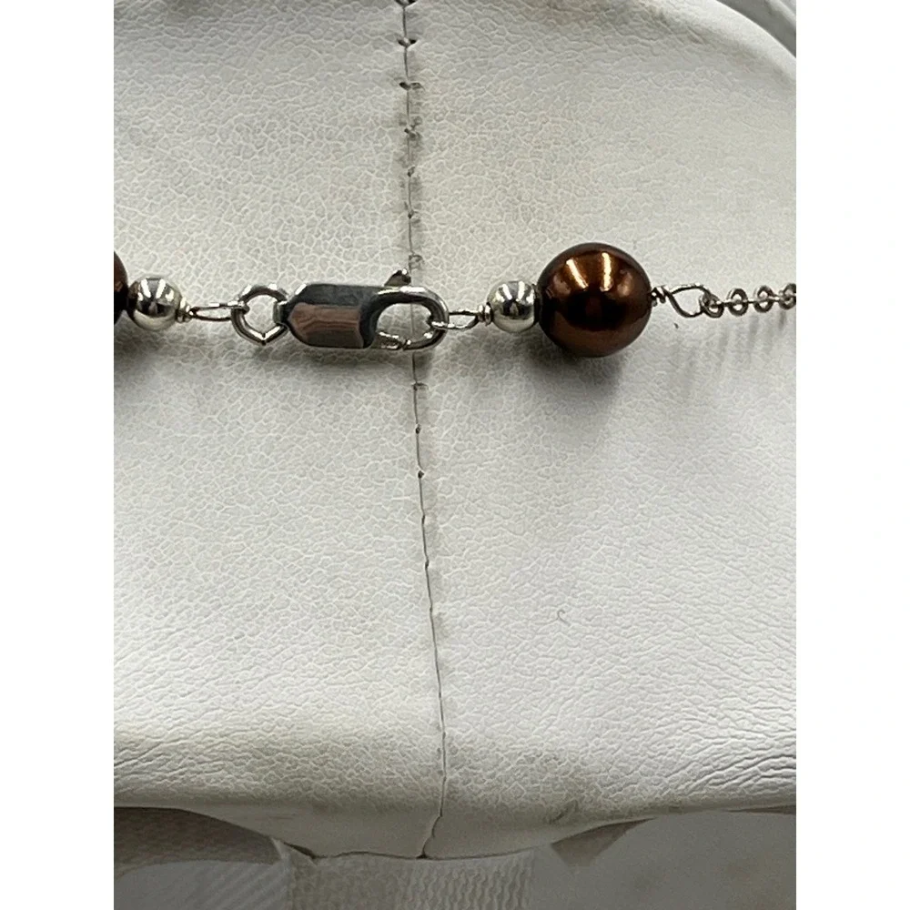 Round Chocolate Brown Freshwater Tin Cup Pearl Sterling Silver Link Necklace 16